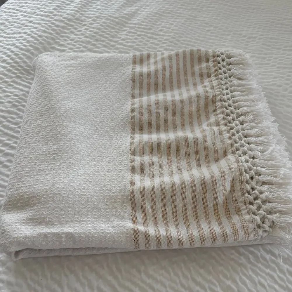 Lilly Pulitzer Gold Stripe Fringe Cotton Throw Blanket White 66x66 Square Resort